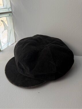 Vintage 90s Y2K Velvet Black Lined Newsboy Cap Cabby Dark Academia Puffy Hat M/L